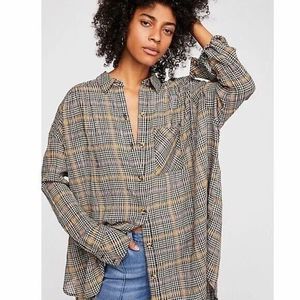 Free People Break My Stride Size M Oversized Plaid Metallic Thread Button Down